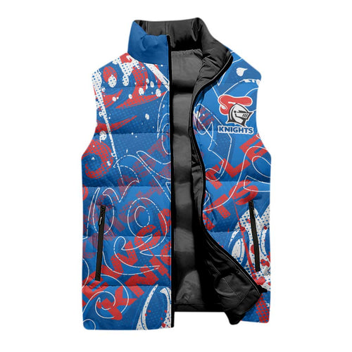 Personalized Newcastle Knights Rugby Sleeveless Puffer Jacket Urban Street Graffiti Style - Distressed Splatter Elements