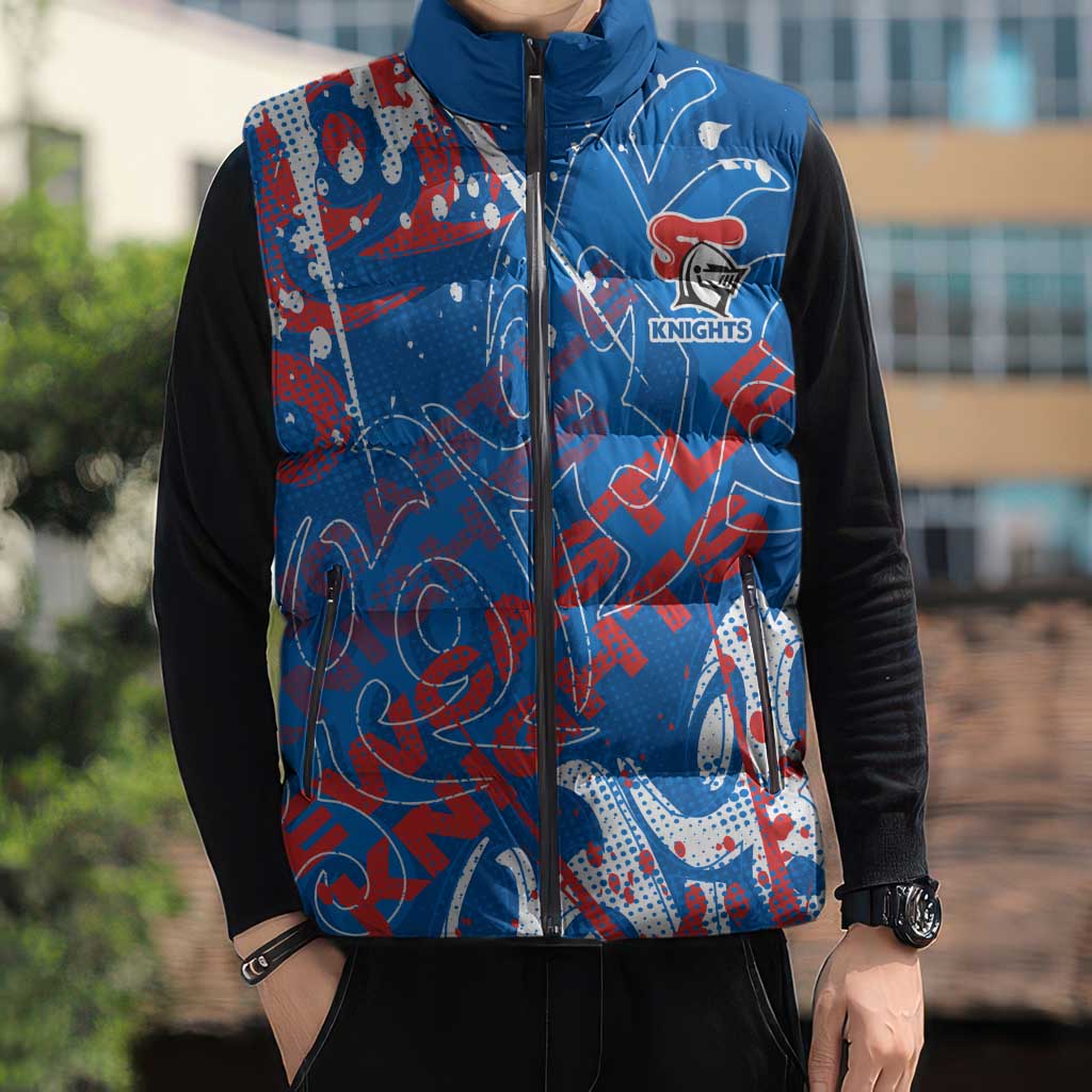 Personalized Newcastle Knights Rugby Sleeveless Puffer Jacket Urban Street Graffiti Style - Distressed Splatter Elements