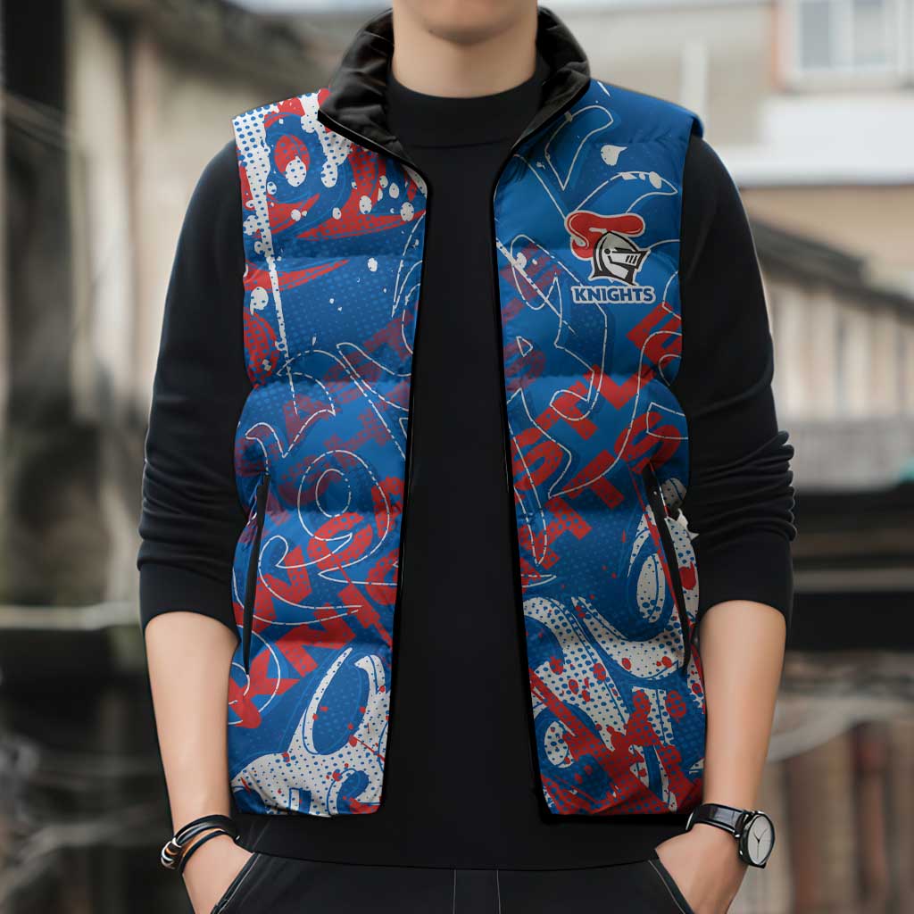 Personalized Newcastle Knights Rugby Sleeveless Puffer Jacket Urban Street Graffiti Style - Distressed Splatter Elements