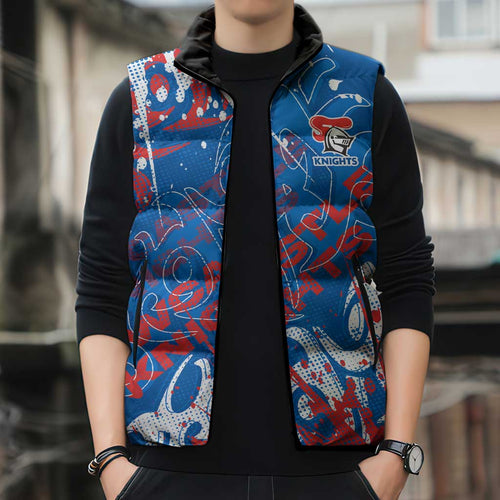 Personalized Newcastle Knights Rugby Sleeveless Puffer Jacket Urban Street Graffiti Style - Distressed Splatter Elements
