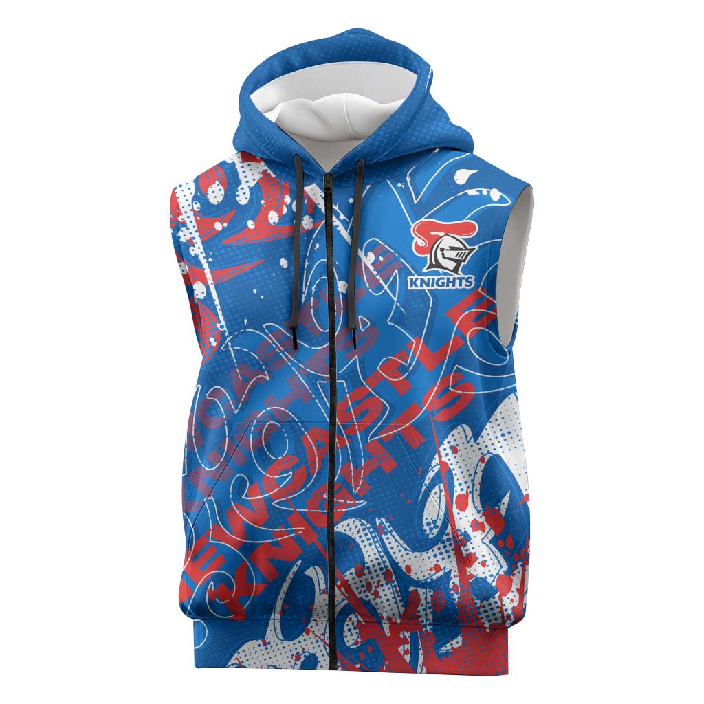 Personalized Newcastle Knights Rugby Sleeveless Zip Hoodie Urban Street Graffiti Style - Distressed Splatter Elements