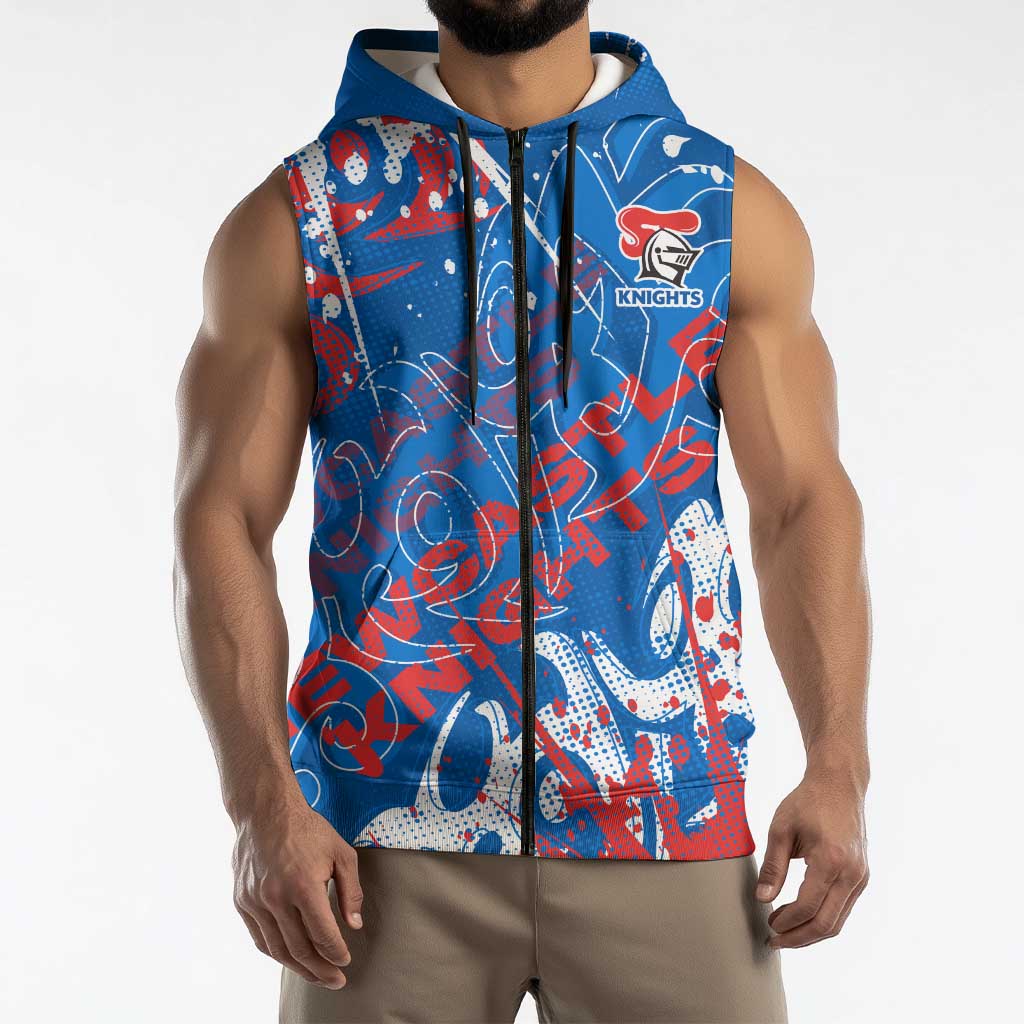 Personalized Newcastle Knights Rugby Sleeveless Zip Hoodie Urban Street Graffiti Style - Distressed Splatter Elements