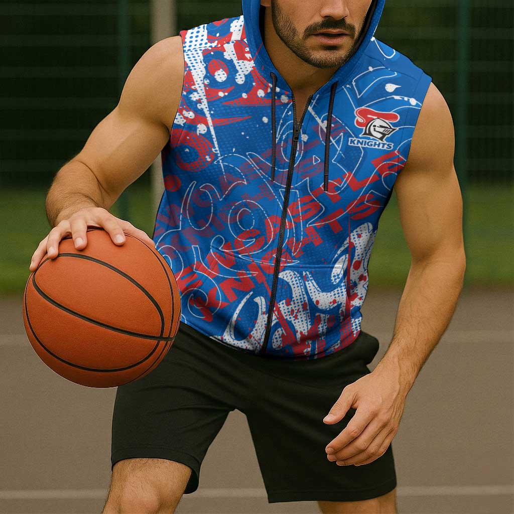 Personalized Newcastle Knights Rugby Sleeveless Zip Hoodie Urban Street Graffiti Style - Distressed Splatter Elements