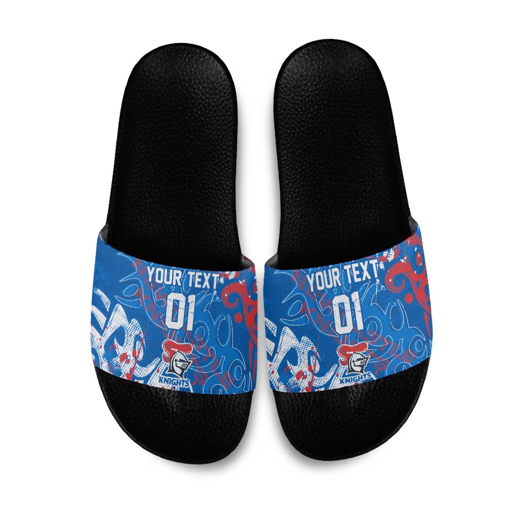 Personalized Newcastle Knights Rugby Slide Sandals Urban Street Graffiti Style - Distressed Splatter Elements
