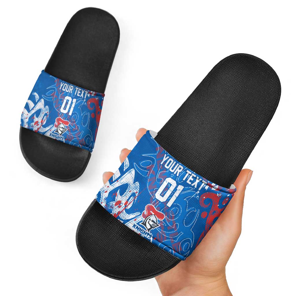 Personalized Newcastle Knights Rugby Slide Sandals Urban Street Graffiti Style - Distressed Splatter Elements