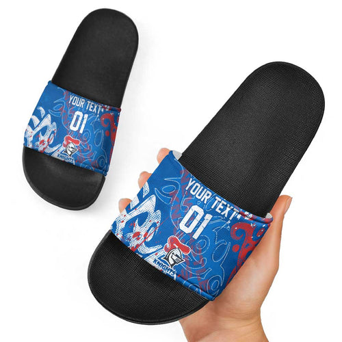 Personalized Newcastle Knights Rugby Slide Sandals Urban Street Graffiti Style - Distressed Splatter Elements