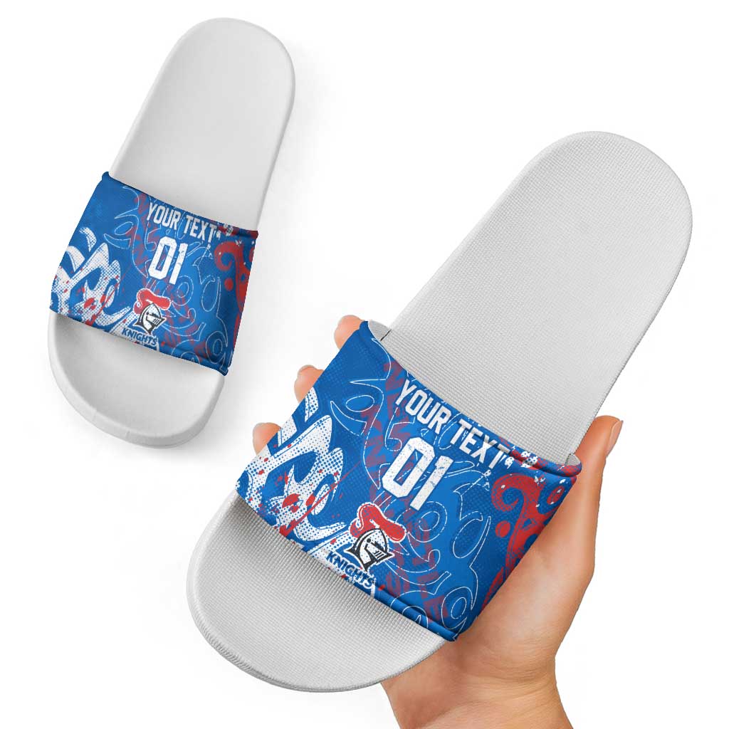 Personalized Newcastle Knights Rugby Slide Sandals Urban Street Graffiti Style - Distressed Splatter Elements