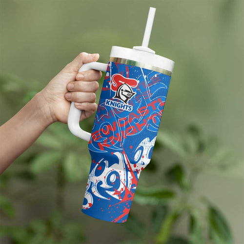 Personalized Newcastle Knights Rugby Tumbler With Handle Urban Street Graffiti Style - Distressed Splatter Elements