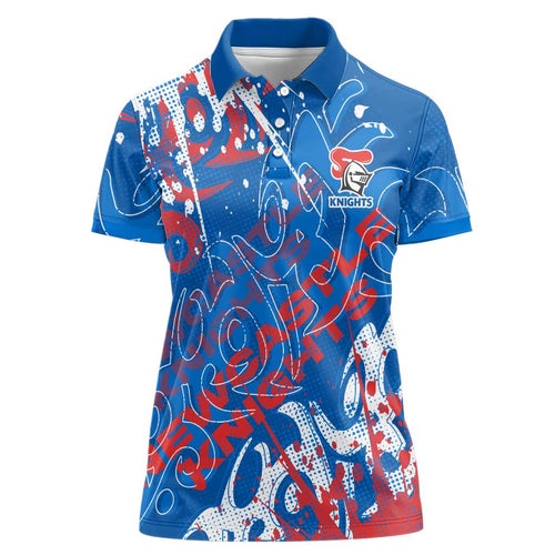 Personalized Newcastle Knights Rugby Women Polo Shirt Urban Street Graffiti Style - Distressed Splatter Elements