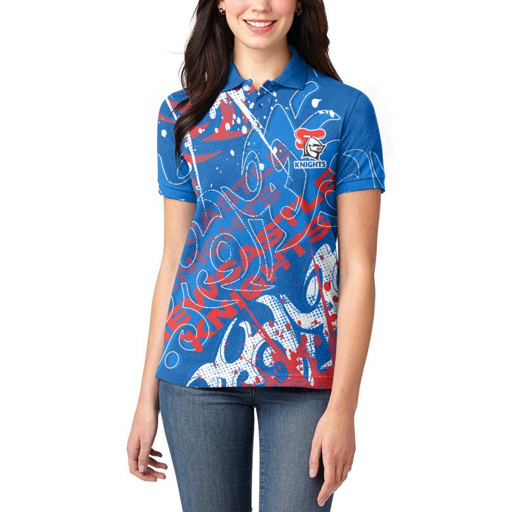 Personalized Newcastle Knights Rugby Women Polo Shirt Urban Street Graffiti Style - Distressed Splatter Elements