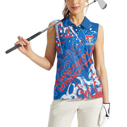 Personalized Newcastle Knights Rugby Women Sleeveless Polo Shirt Urban Street Graffiti Style - Distressed Splatter Elements