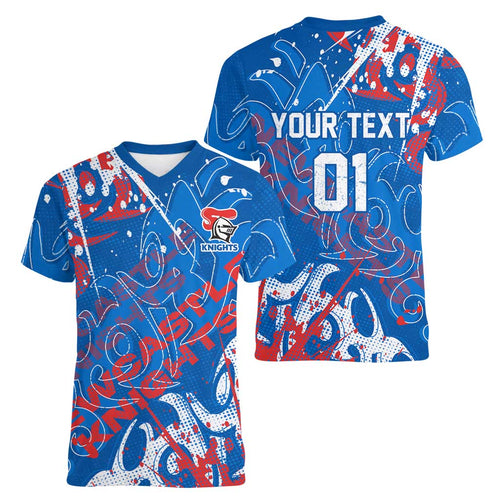 Personalized Newcastle Knights Rugby Women V-Neck T-Shirt Urban Street Graffiti Style - Distressed Splatter Elements
