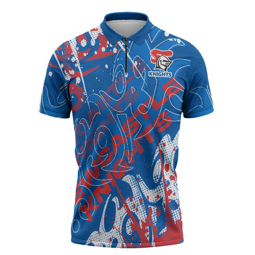 Personalized Newcastle Knights Rugby Zipper Polo Shirt Urban Street Graffiti Style - Distressed Splatter Elements