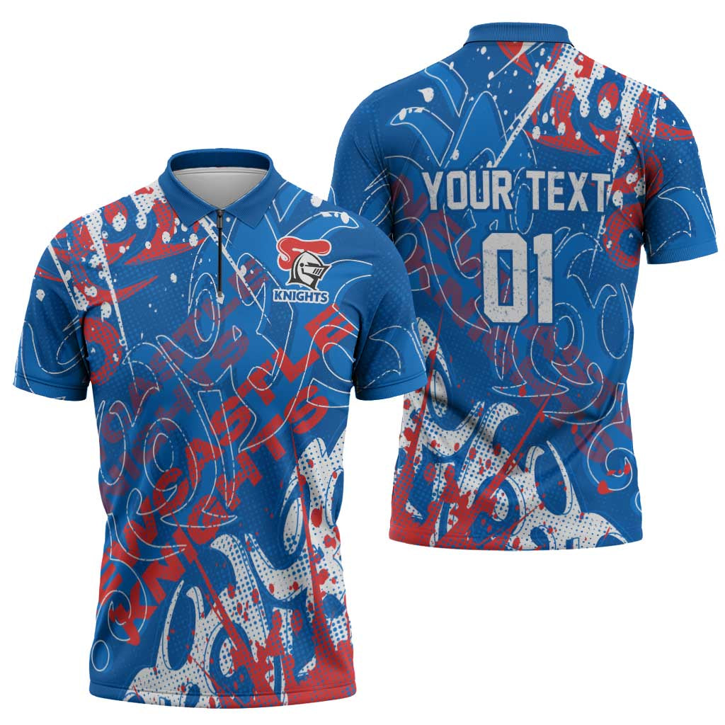 Personalized Newcastle Knights Rugby Zipper Polo Shirt Urban Street Graffiti Style - Distressed Splatter Elements