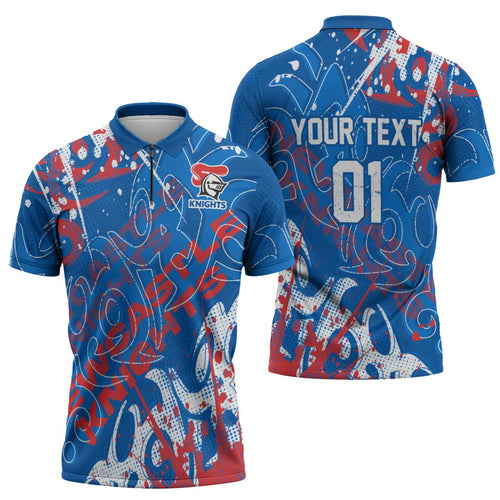 Personalized Newcastle Knights Rugby Zipper Polo Shirt Urban Street Graffiti Style - Distressed Splatter Elements