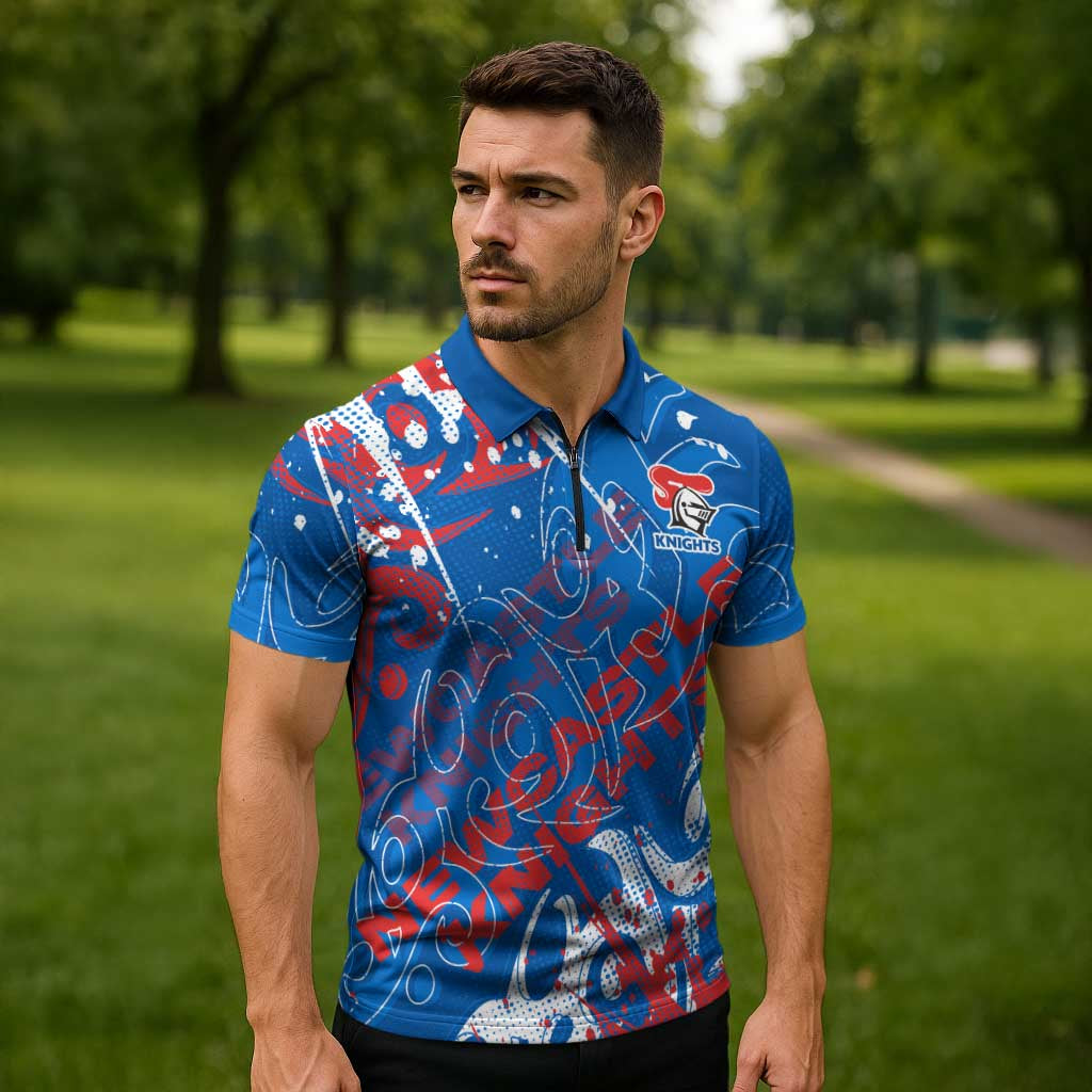 Personalized Newcastle Knights Rugby Zipper Polo Shirt Urban Street Graffiti Style - Distressed Splatter Elements