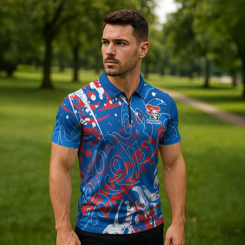 Personalized Newcastle Knights Rugby Zipper Polo Shirt Urban Street Graffiti Style - Distressed Splatter Elements
