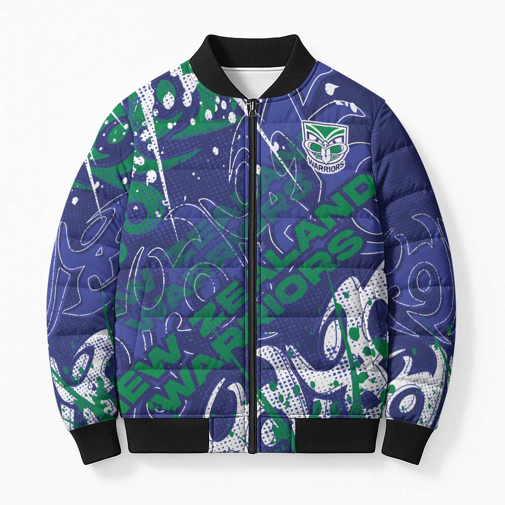 Personalized New Zealand Warriors Rugby Bomber Puffer Jacket Urban Street Graffiti Style - Distressed Splatter Elements