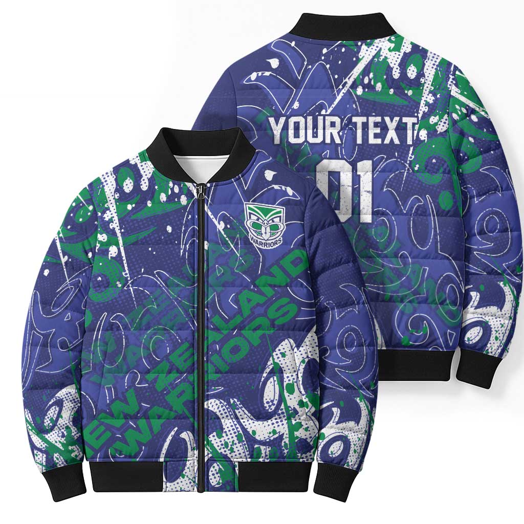 Personalized New Zealand Warriors Rugby Bomber Puffer Jacket Urban Street Graffiti Style - Distressed Splatter Elements