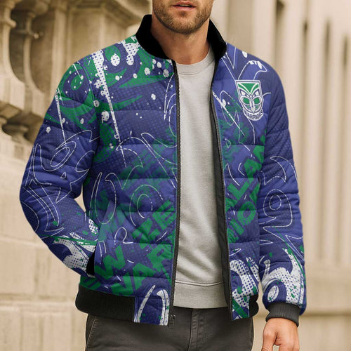 Personalized New Zealand Warriors Rugby Bomber Puffer Jacket Urban Street Graffiti Style - Distressed Splatter Elements