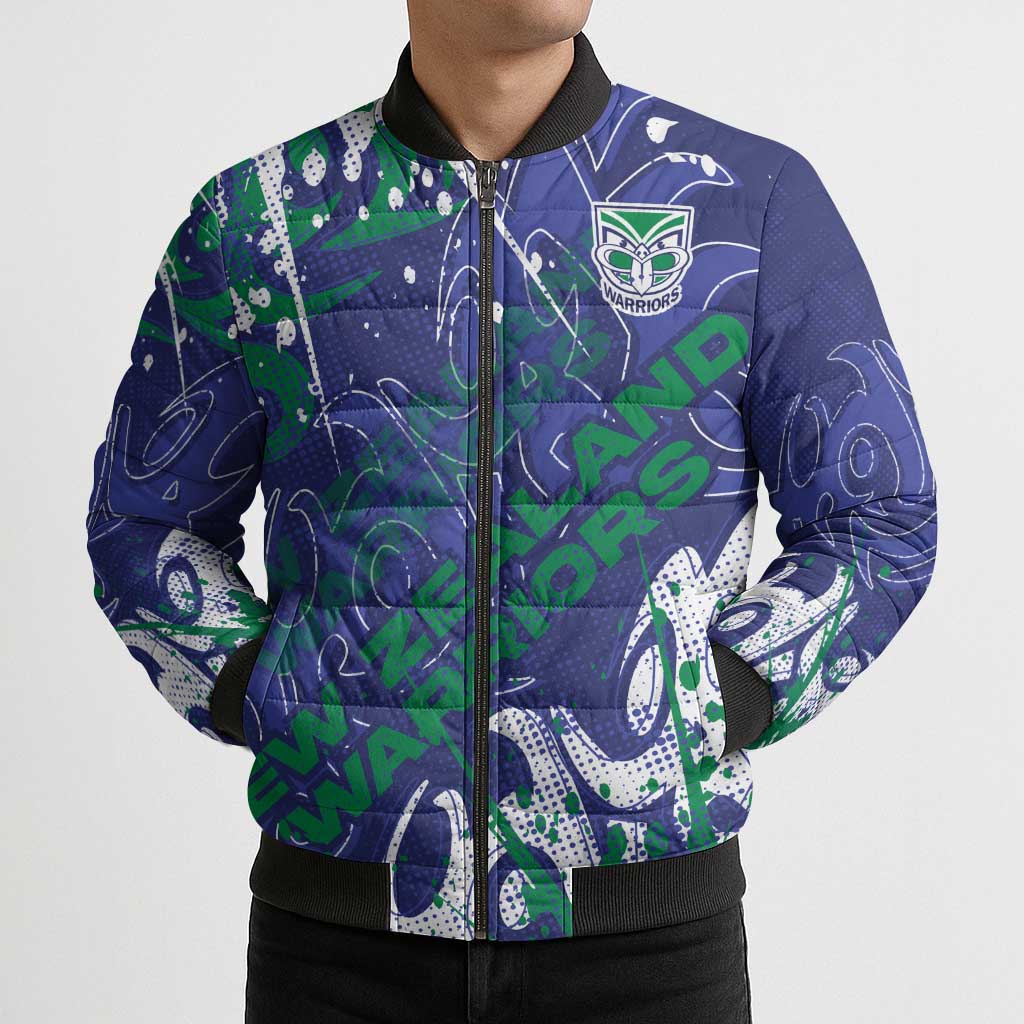 Personalized New Zealand Warriors Rugby Bomber Puffer Jacket Urban Street Graffiti Style - Distressed Splatter Elements
