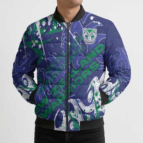 Personalized New Zealand Warriors Rugby Bomber Puffer Jacket Urban Street Graffiti Style - Distressed Splatter Elements