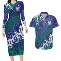 Personalized New Zealand Warriors Rugby Couples Matching Long Sleeve Bodycon Dress and Hawaiian Shirt Urban Street Graffiti Style - Distressed Splatter Elements