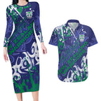 Personalized New Zealand Warriors Rugby Couples Matching Long Sleeve Bodycon Dress and Hawaiian Shirt Urban Street Graffiti Style - Distressed Splatter Elements