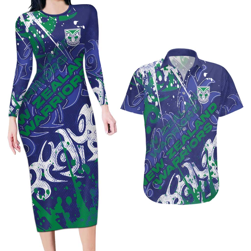 Personalized New Zealand Warriors Rugby Couples Matching Long Sleeve Bodycon Dress and Hawaiian Shirt Urban Street Graffiti Style - Distressed Splatter Elements
