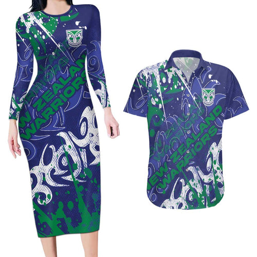 Personalized New Zealand Warriors Rugby Couples Matching Long Sleeve Bodycon Dress and Hawaiian Shirt Urban Street Graffiti Style - Distressed Splatter Elements