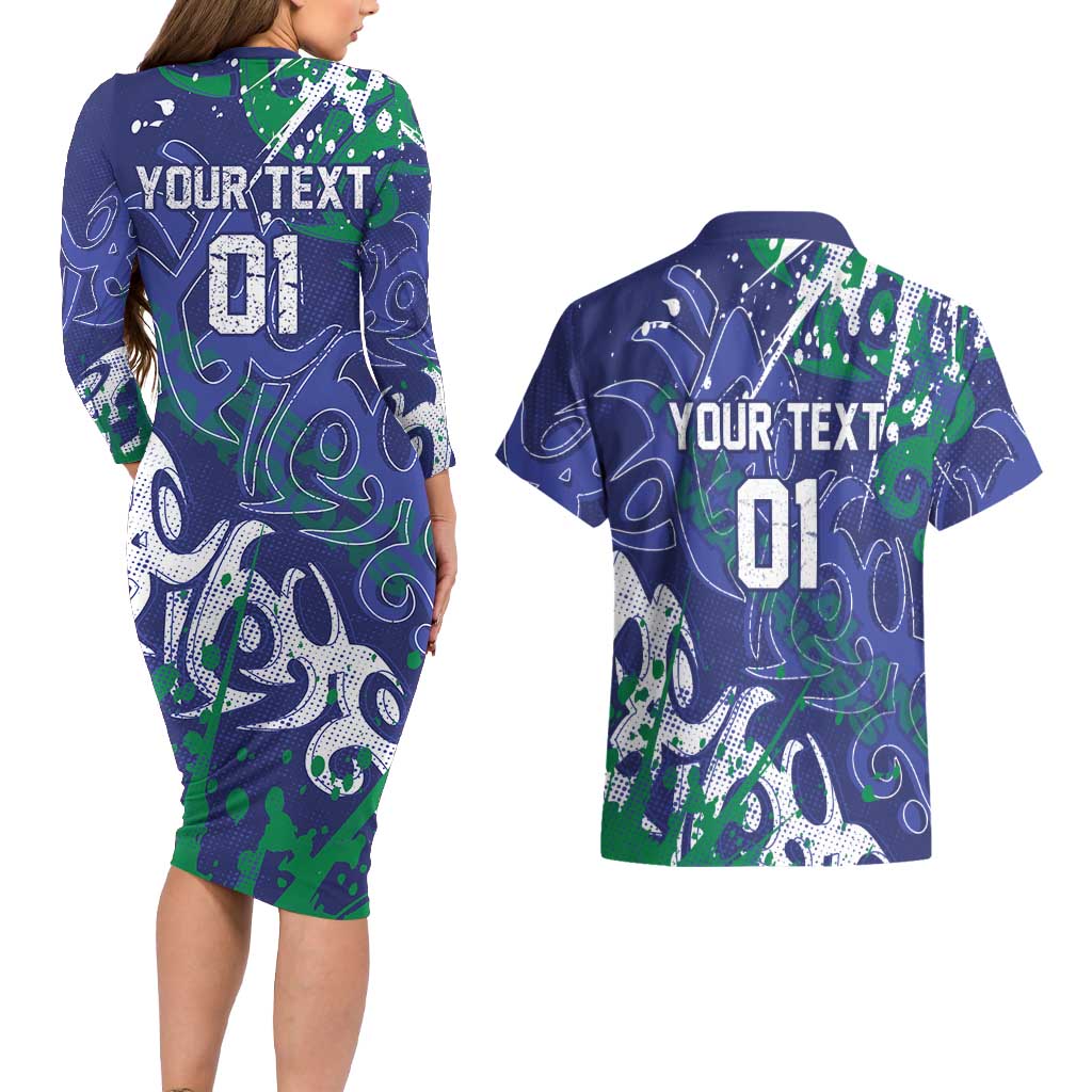 Personalized New Zealand Warriors Rugby Couples Matching Long Sleeve Bodycon Dress and Hawaiian Shirt Urban Street Graffiti Style - Distressed Splatter Elements