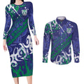 Personalized New Zealand Warriors Rugby Couples Matching Long Sleeve Bodycon Dress and Long Sleeve Button Shirt Urban Street Graffiti Style - Distressed Splatter Elements