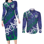 Personalized New Zealand Warriors Rugby Couples Matching Long Sleeve Bodycon Dress and Long Sleeve Button Shirt Urban Street Graffiti Style - Distressed Splatter Elements