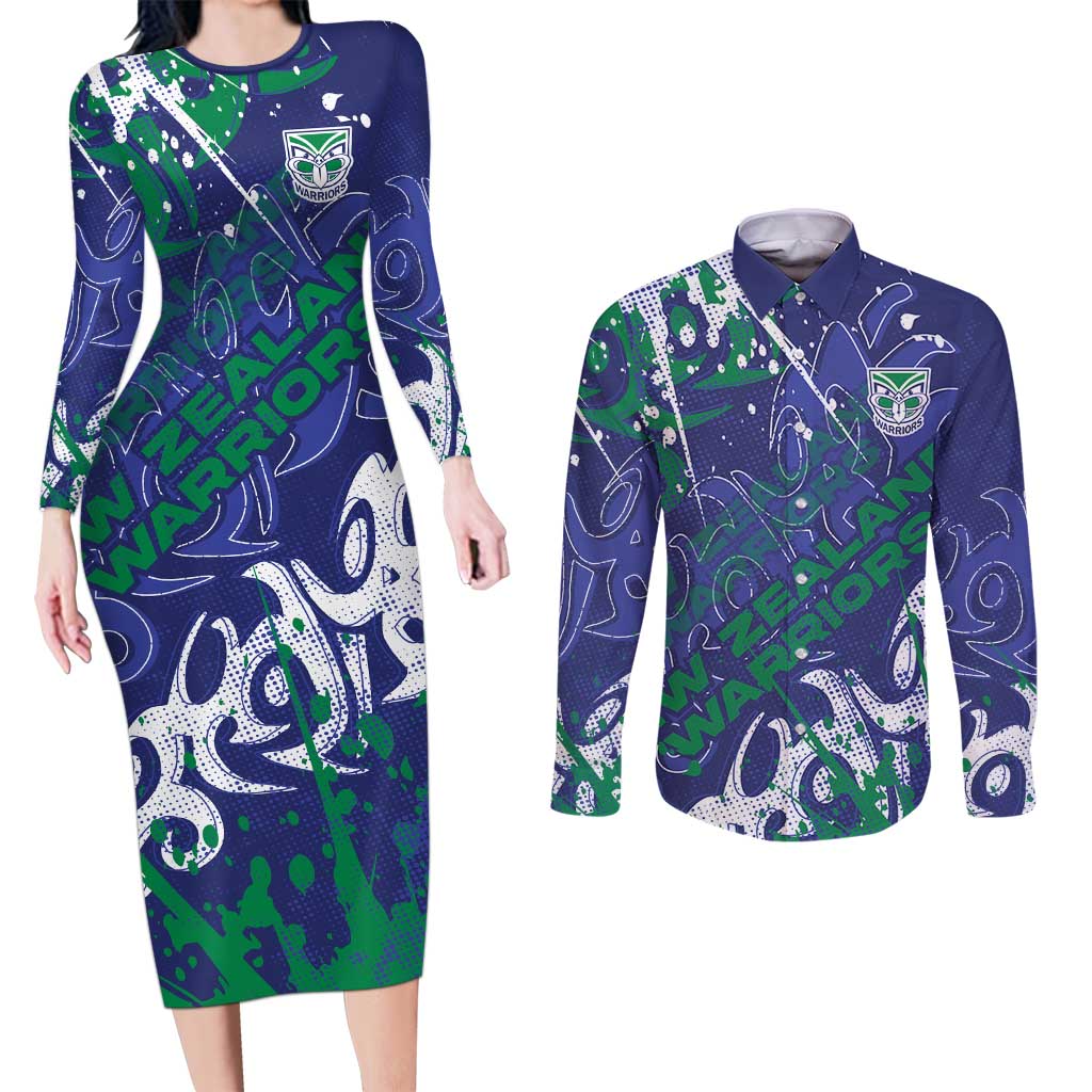 Personalized New Zealand Warriors Rugby Couples Matching Long Sleeve Bodycon Dress and Long Sleeve Button Shirt Urban Street Graffiti Style - Distressed Splatter Elements