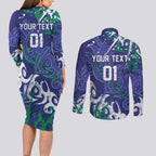 Personalized New Zealand Warriors Rugby Couples Matching Long Sleeve Bodycon Dress and Long Sleeve Button Shirt Urban Street Graffiti Style - Distressed Splatter Elements