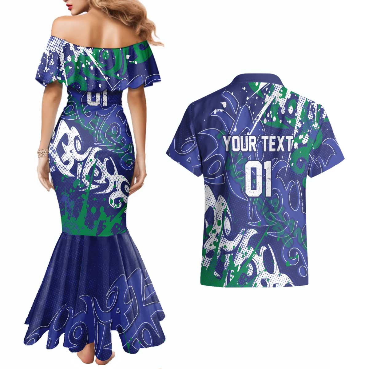 Personalized New Zealand Warriors Rugby Couples Matching Mermaid Dress and Hawaiian Shirt Urban Street Graffiti Style - Distressed Splatter Elements