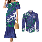 Personalized New Zealand Warriors Rugby Couples Matching Mermaid Dress and Long Sleeve Button Shirt Urban Street Graffiti Style - Distressed Splatter Elements
