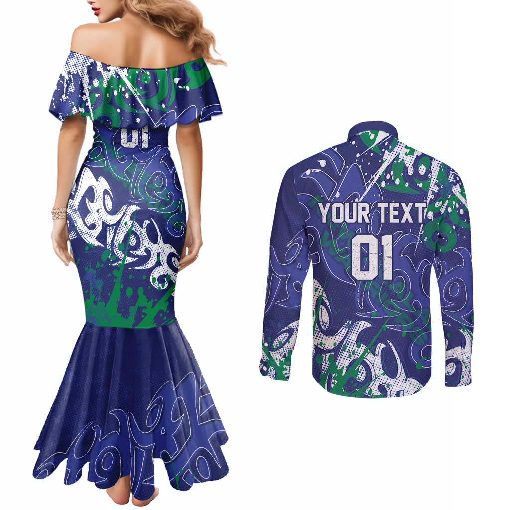 Personalized New Zealand Warriors Rugby Couples Matching Mermaid Dress and Long Sleeve Button Shirt Urban Street Graffiti Style - Distressed Splatter Elements