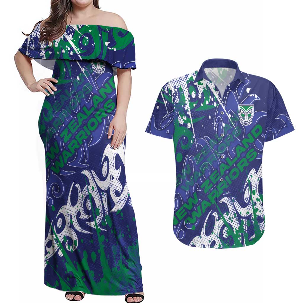 Personalized New Zealand Warriors Rugby Couples Matching Off Shoulder Maxi Dress and Hawaiian Shirt Urban Street Graffiti Style - Distressed Splatter Elements