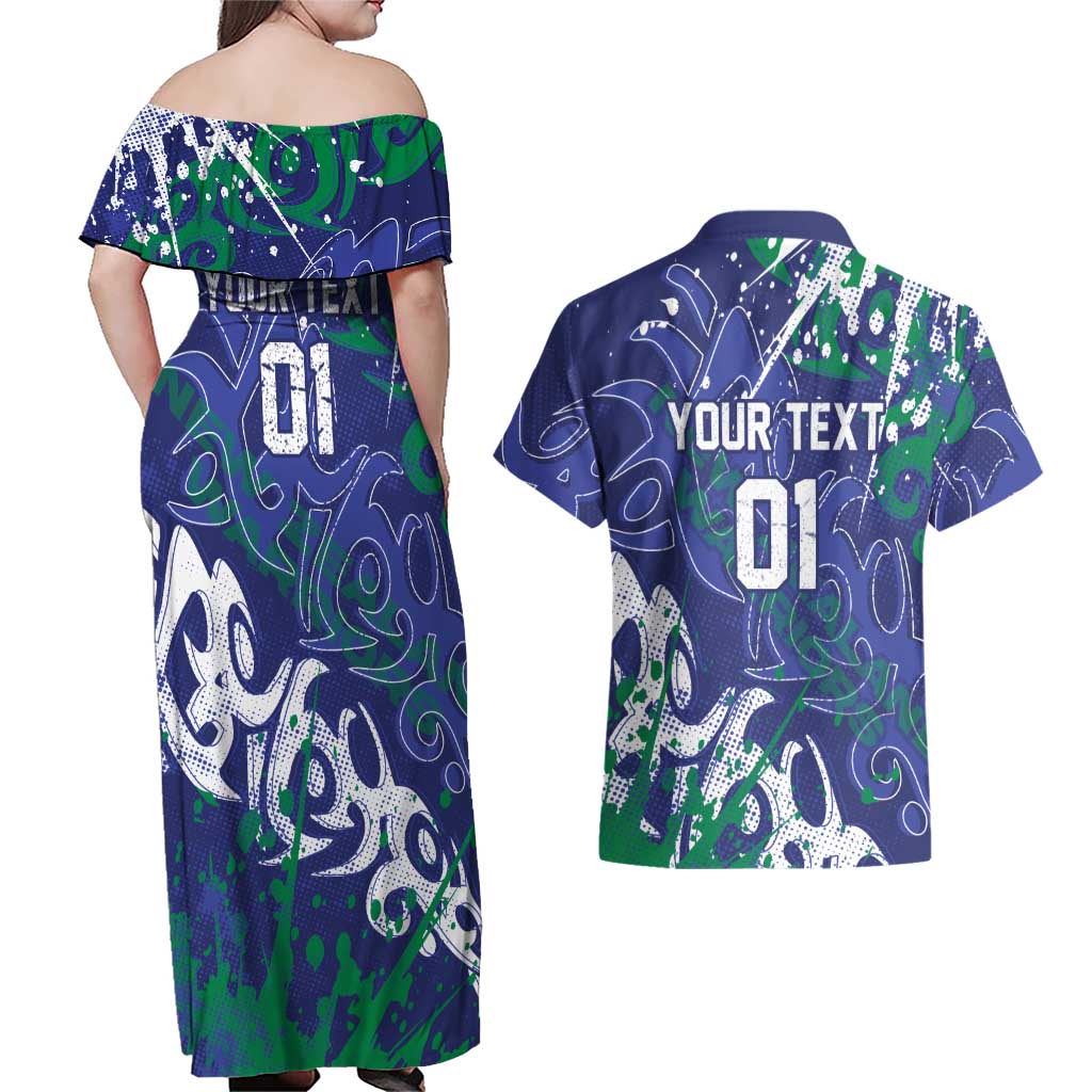 Personalized New Zealand Warriors Rugby Couples Matching Off Shoulder Maxi Dress and Hawaiian Shirt Urban Street Graffiti Style - Distressed Splatter Elements