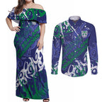 Personalized New Zealand Warriors Rugby Couples Matching Off Shoulder Maxi Dress and Long Sleeve Button Shirt Urban Street Graffiti Style - Distressed Splatter Elements