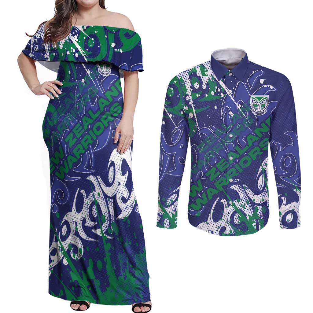 Personalized New Zealand Warriors Rugby Couples Matching Off Shoulder Maxi Dress and Long Sleeve Button Shirt Urban Street Graffiti Style - Distressed Splatter Elements