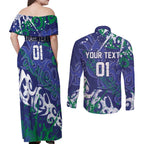 Personalized New Zealand Warriors Rugby Couples Matching Off Shoulder Maxi Dress and Long Sleeve Button Shirt Urban Street Graffiti Style - Distressed Splatter Elements