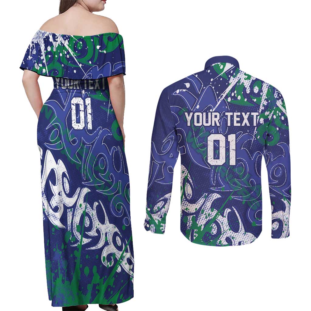 Personalized New Zealand Warriors Rugby Couples Matching Off Shoulder Maxi Dress and Long Sleeve Button Shirt Urban Street Graffiti Style - Distressed Splatter Elements