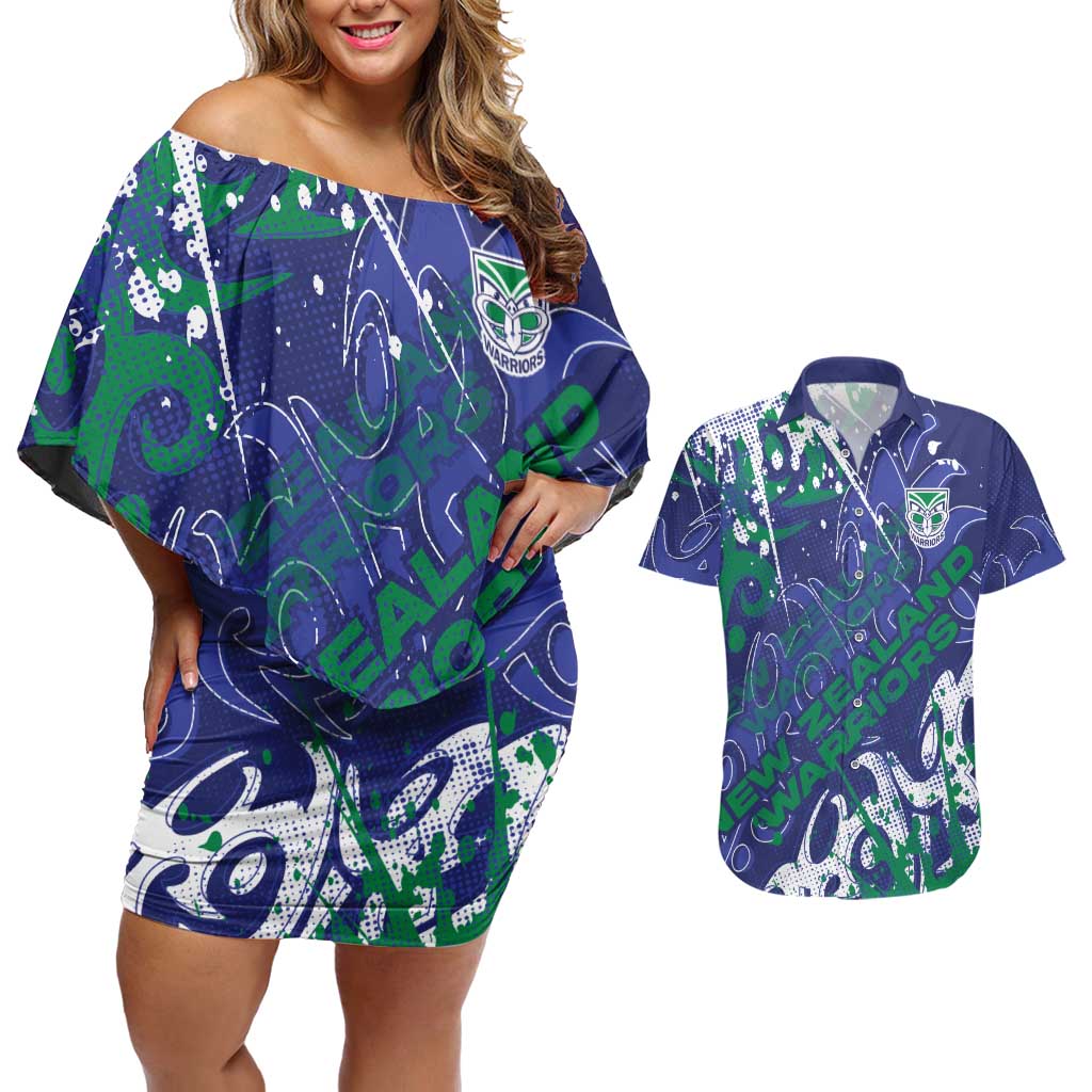 Personalized New Zealand Warriors Rugby Couples Matching Off Shoulder Short Dress and Hawaiian Shirt Urban Street Graffiti Style - Distressed Splatter Elements