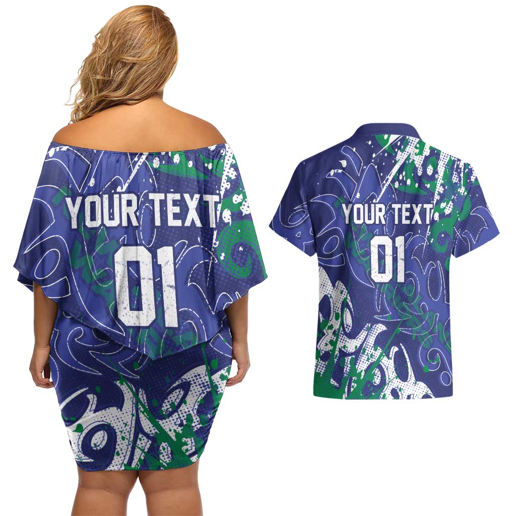 Personalized New Zealand Warriors Rugby Couples Matching Off Shoulder Short Dress and Hawaiian Shirt Urban Street Graffiti Style - Distressed Splatter Elements