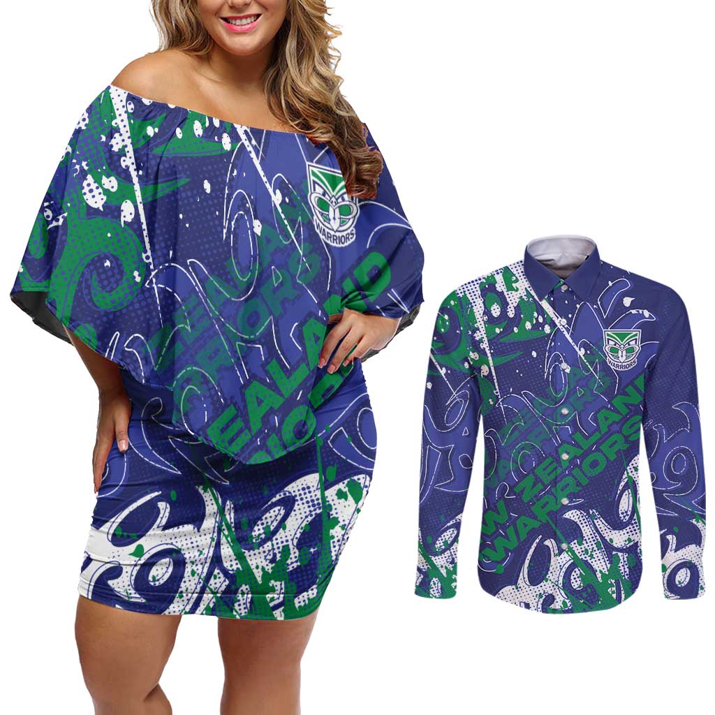 Personalized New Zealand Warriors Rugby Couples Matching Off Shoulder Short Dress and Long Sleeve Button Shirt Urban Street Graffiti Style - Distressed Splatter Elements