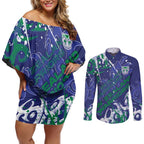 Personalized New Zealand Warriors Rugby Couples Matching Off Shoulder Short Dress and Long Sleeve Button Shirt Urban Street Graffiti Style - Distressed Splatter Elements