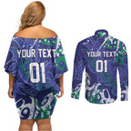 Personalized New Zealand Warriors Rugby Couples Matching Off Shoulder Short Dress and Long Sleeve Button Shirt Urban Street Graffiti Style - Distressed Splatter Elements