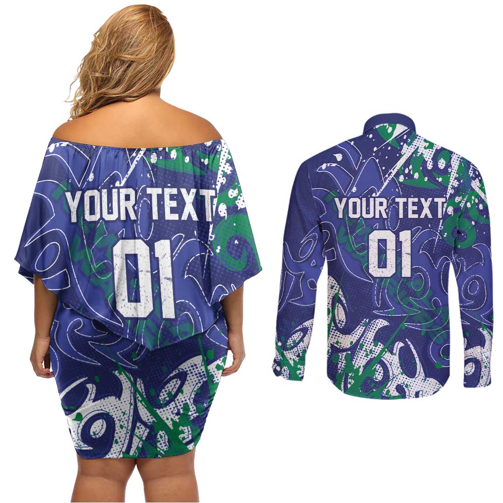 Personalized New Zealand Warriors Rugby Couples Matching Off Shoulder Short Dress and Long Sleeve Button Shirt Urban Street Graffiti Style - Distressed Splatter Elements